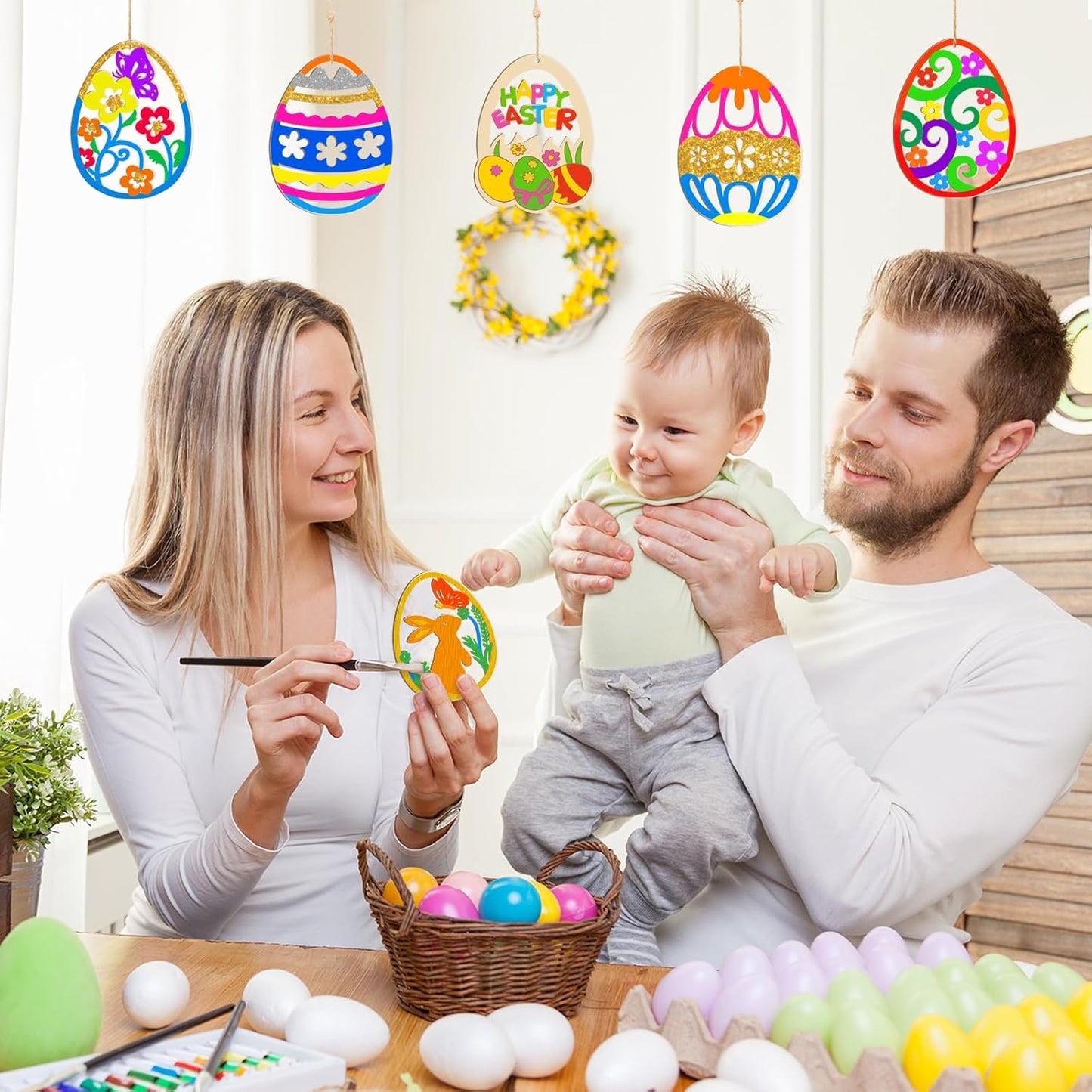 80PCS Wooden Easter Ornaments to Paint, 10 Styles DIY Blank Unfinished Wood Egg Cutouts Ornament for Crafts Hanging Decorations Happy Easter Hallow Egg Rabbit Bunny Butterfly Flower Hen