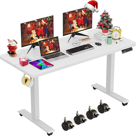 farexon Electric Standing Desk Adjustable Height, 48x24 Inches Stand Up Desk with 4 Preset Heights, Lockable Casters, Double Hooks,27.5''-46.5'' Lifting Range Home Office Computer Desk（White）
