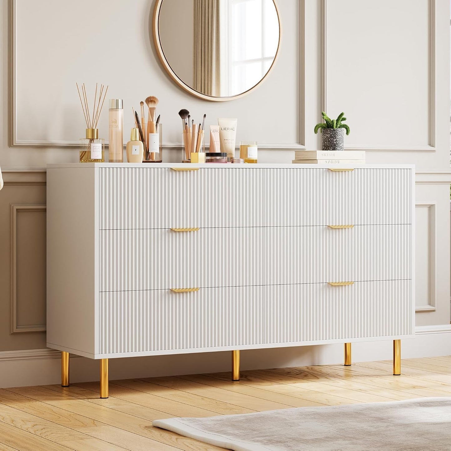 GAOMON 6 Drawer Dresser, Wood Chest of Drawers Organizer Storage with Gold Handle, Large Storage Cabinet, Modern Design Dresser for Bedroom, Living Room, Closet, Hallway, Entryway, White