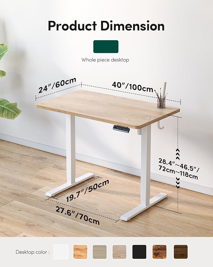 FEZIBO One-Piece Standing Desk Adjustable Height Stand up Home Office Desk, 40x24 Inch Electric Standing Computer Desk, with 4 Memory Presets, Headphone Hook, Maple