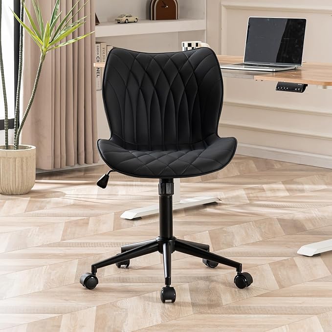 YOUNUOKE Armless Desk Chair Comfy Office Chair with Wheels Home Ergonomic Task Chair Adjustable Computer Chairs Modern Faux Leather Swivel Chair Upholstered Makeup Vanity Chair with Back(Black)