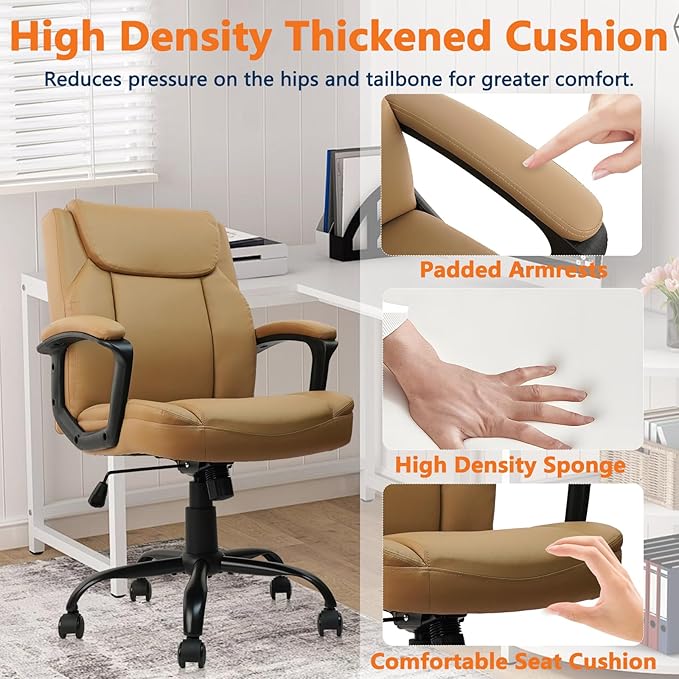 CLATINA Brown Office Computer Chair PU Leather Executive Swivel Adjustable Height Chairs with Upholstery Fixed armrest Mid-Back Leather Thick Cushion Office Chair Brown 8Pack