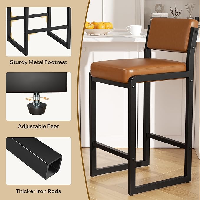 Bar Stools Set of 3, Faux Leather Counter Height Bar Stools with High Back and Metal Legs, Upholstered Bar Chairs, 26" Modern Barstools for Kitchen Island, Caramel