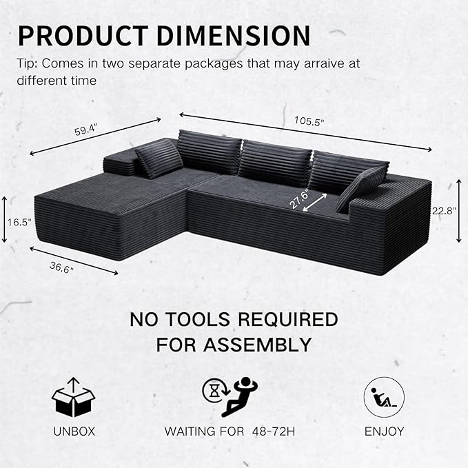 105" Modular Sectional Sofa L Shape for Bedroom, Modular Cloud Sofa with Deep Seat for Living Room, Upholstered Couches No Assembly Required Black, Left Facing Chaise