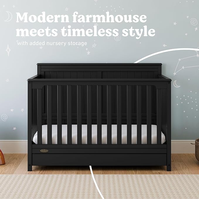 Graco Hadley 5-in-1 Convertible Crib with Drawer (Black) – Combo, Includes Full-Size Nursery Storage, Converts from Baby Crib to Toddler Bed, Daybed
