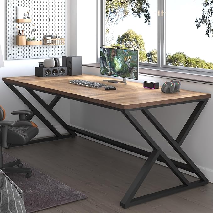 LVB Rustic Large Computer Desk, Extra Long Industrial Home Office Desk, Wood Pc Writing Work Study Computer Table Desk, Farmhouse Workstation Gaming Executive Desk for 2 Person, Rustic Oak, 78.7 Inch