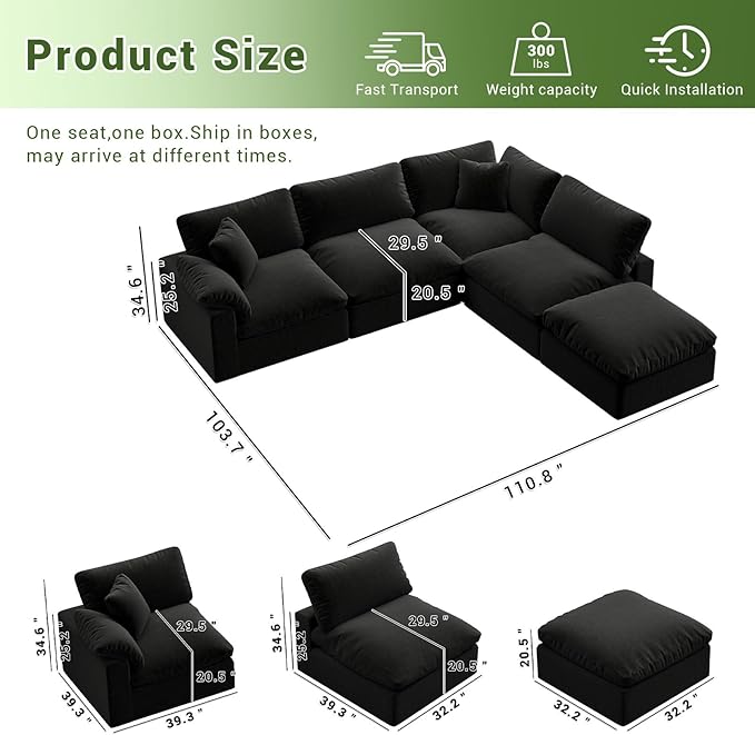 Cloud Modular Sectional Sofa,143" Down Filled Sofa 4 Seat with Chaise,Minimalist Sofa Cover Washable and Replaceable Couches for Living Room,Sectional Sofa Deep Seat Black