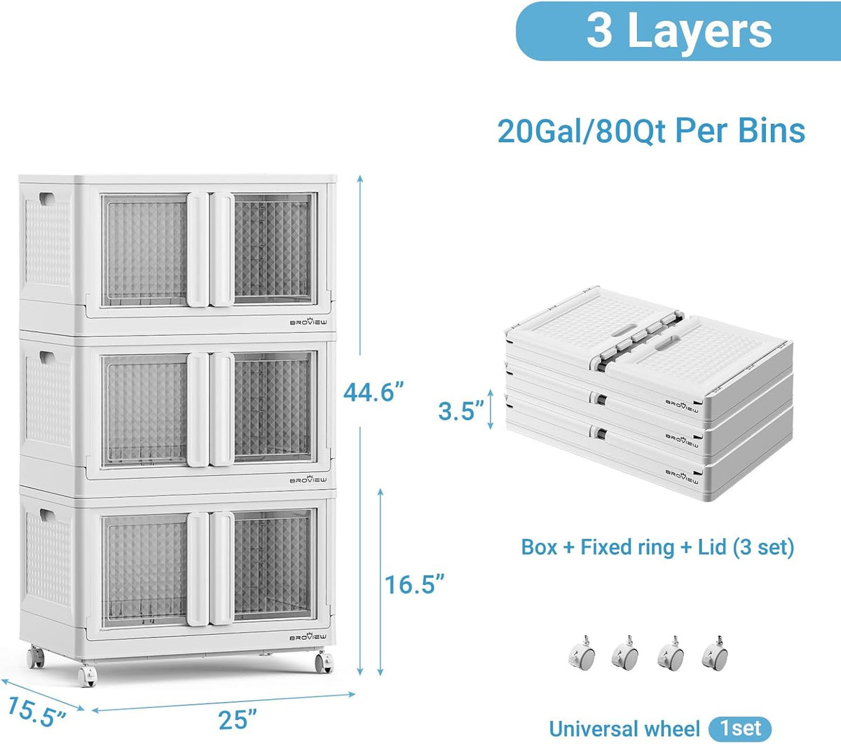 300Qt Stackable Storage Bins with Lids, 75Gal Closet Organizers and Storage Drawer, Plastic Collapsible Storage Bins with Doors, Heavy Duty Store Box Cabinet for Home Kitchen, 3Pack White
