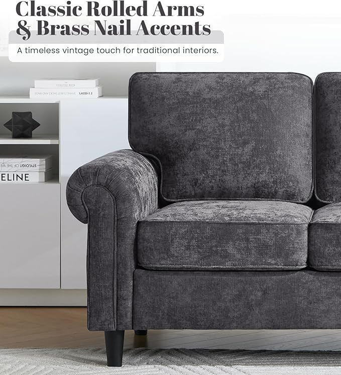 Kingfun 3 Seater Couch with Chair, Mid Century Modern Sofa Set with Rolled Arms and Deep Seats, Fluffy Comfort for Living Room, Apartment, Easy Assembly, Grey