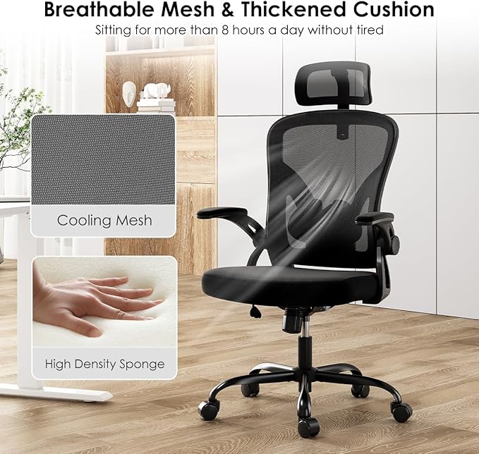 Farini Ergonomic Office Chair, Home Office Desk Chair with Headrest, High Back Computer Chair with Armrests and Adjustable Lumbar Support for Home Office Study Room, White & Black