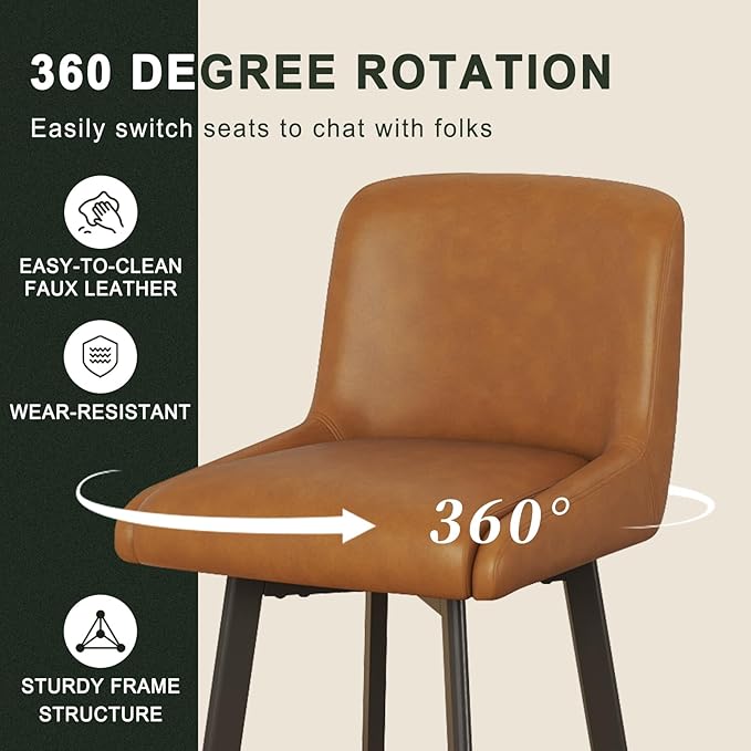 Swivel Counter Height Bar Stools Set of 4, 26''H Upholstered Barstools with Backs, Modern Bar Stool Chairs for Kitchen Island, Metal Legs, Faux Leather, Whiskey Brown Stools Counter Chair