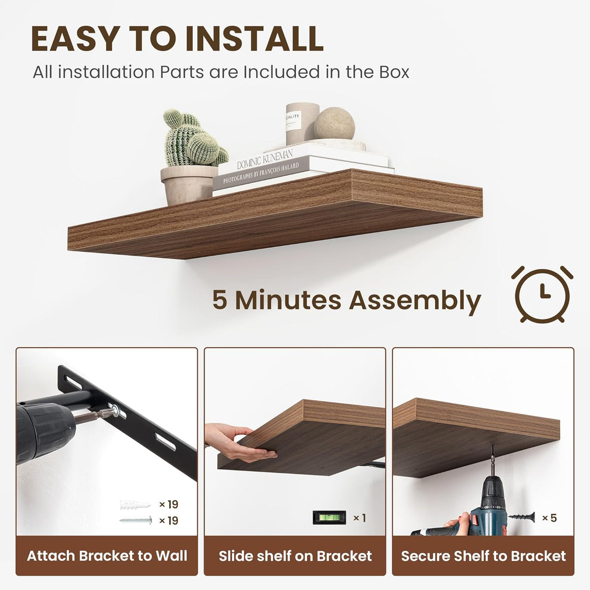 55 Inch Floating Shelves, 12 Inch Deep Floating Shelves for Wall, Floating Shelf with Invisible Brackets, Deep Wall Shelves for Bathroom, Bedroom, Living Room, 1 Pack, Walnut