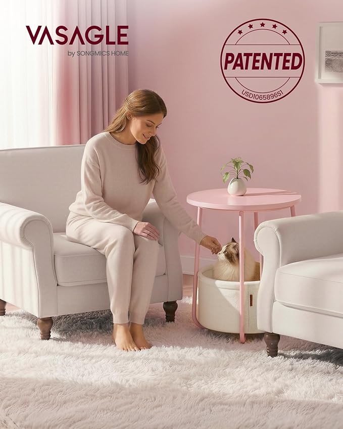 VASAGLE LILEA Collection - Small Round Side End Table, Modern Nightstand with Fabric Basket, for Living Room, Bedroom, Set of 2, Jelly Pink and Cream White ULET225SA01S