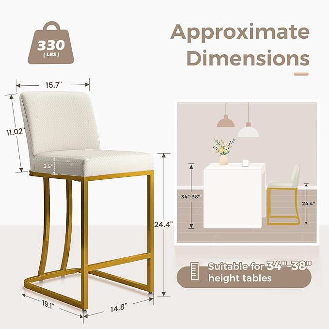 MAISON ARTS Off White 24 Inch Bar Stool with Back for Kitchen Counter, Metal Frame, Faux Leather Seat, Stain & Scratch Resistant, Easy Assemble, Max Load 330 lbs