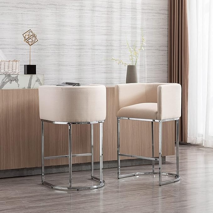 Contemporary Cream Linen Bar Stool, 29" Upholstered Fabric Counter Height Barstool Kitchen Counter Island Stool with Screwed Together Chrome Finish Base
