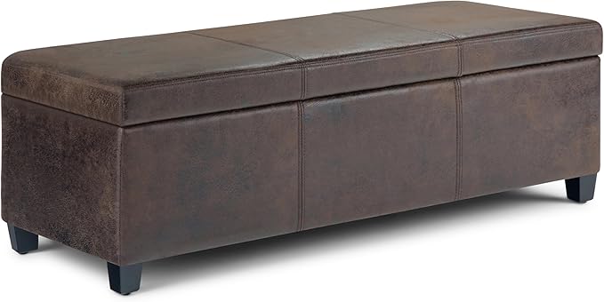 SIMPLIHOME Avalon Storage Ottoman Bench - 48 inch Wide Upholstered Vegan Leather Rectangular Lift-Top Ottoman in Distressed Brown, Contemporary Storage Bench for Living Room with High-Density Foam
