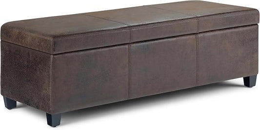 SIMPLIHOME Avalon Storage Ottoman Bench - 48 inch Wide Upholstered Vegan Leather Rectangular Lift-Top Ottoman in Distressed Brown, Contemporary Storage Bench for Living Room with High-Density Foam