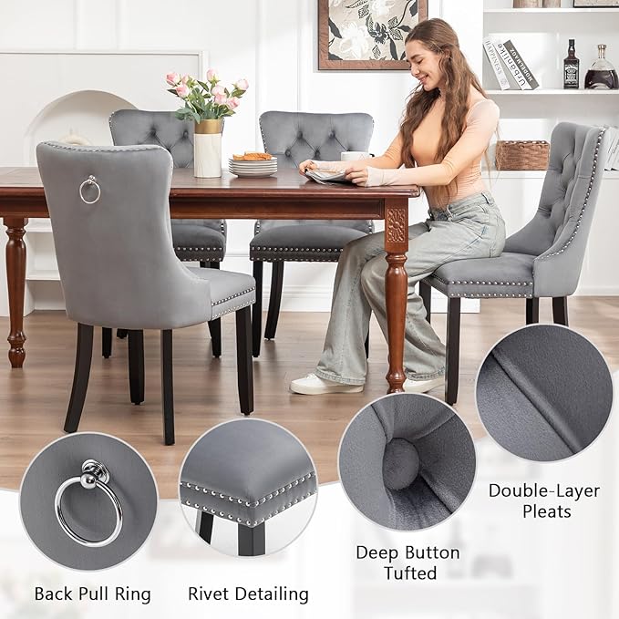 Velvet Dining Chairs Set of 6, Tufted Dining Room Chairs with Nailhead Ring Pull Trim, Upholstered Dining Chairs with Solid Wood Legs for Kitchen Dining Room (Grey)