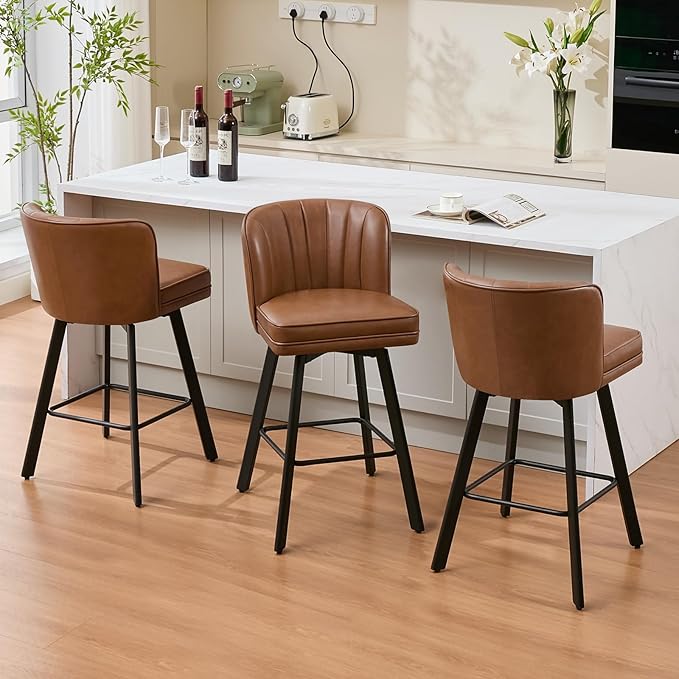 Swivel Counter Height Bar Stools Set of 2, 30'' Modern Barstools with Backs and Metal Legs, Upholstered Bar Chairs, Faux Leather Dark Brown Stools for Kitchen Island Chairs
