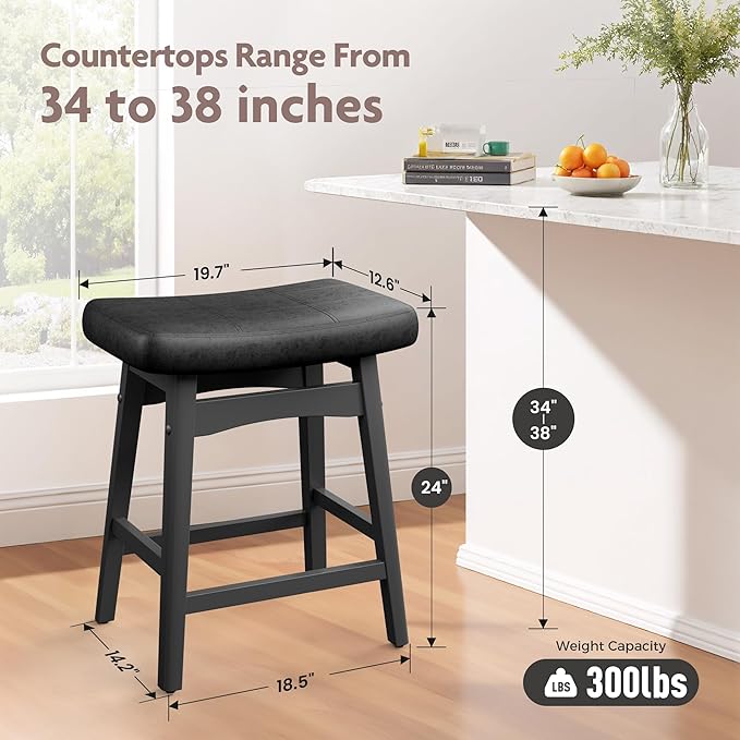 ALPHA HOME Bar Stool, Solid Wood Saddle Kitchen Stool with Black PU Leather Cushion Counter Height Barstool with Wooden Base for Kitchen Dining Cafe, 24 Inch, Black, 1PC…