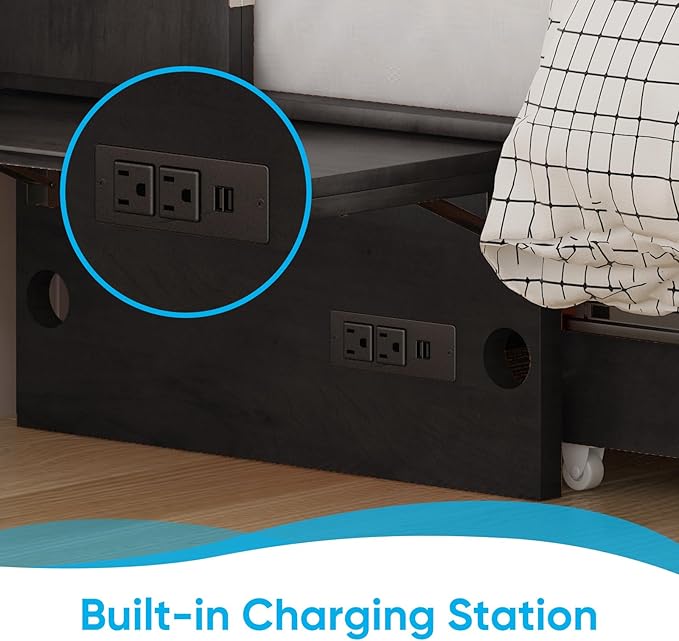 Mjkone Queen Murphy Bed Cabinet, Cabinet Bed with Built-in Charging Station, Storage Drawer, Solid Wood Cabinets Bed with Tri-fold Mattress, Cube Murphy Chest Beds for Guest Room, Home, Office, Grey