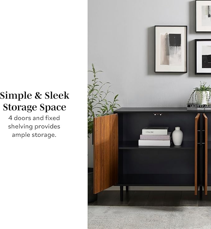 Walker Edison Caye Modern 4-Door Bookmatch Buffet-Sideboard for Storage, 58 Inch, Acorn Bookmatch/Black