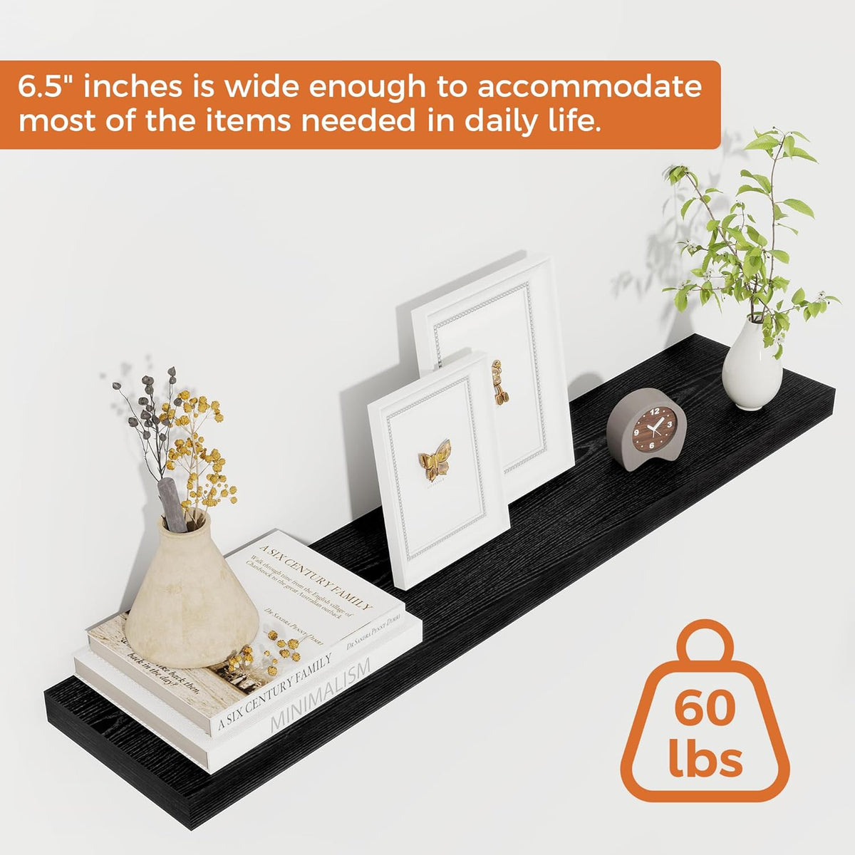 Fun Memories 32Inch Floating Shelves for Wall 2 Pack Wood Shelves for Kitchen, Bathroom, Bedroom Wall Mounted Rustic Wood Floating Shelf with Invisible Brackets for Books, Storage, Decor, Black