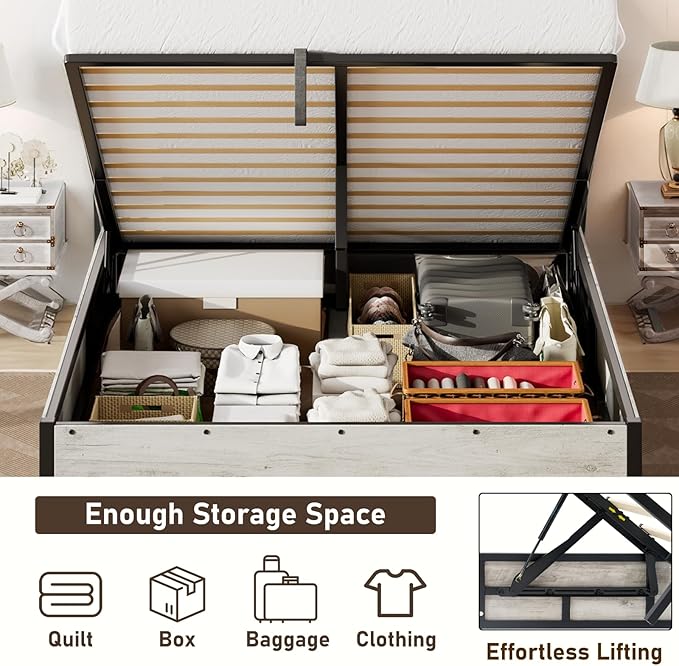 Lift Up Storage Bed Frame, Full Size Wooden Platform Bed with Large Storage Underneath, No Box Spring Needed, Noise Free, Distressed White