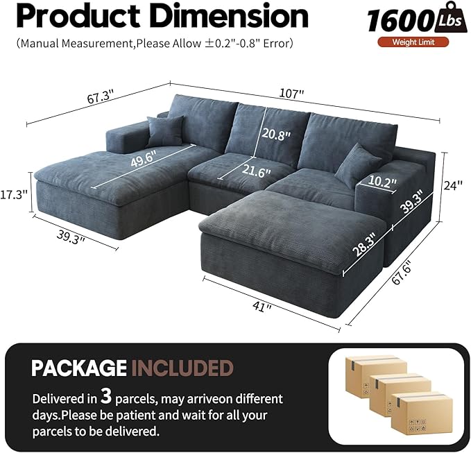 107'' U-Shaped Modern Modular Sectional Cloud Couch Whit Ottoman, 4-Seat Chenille Deep-Seat Sofa with Pillow for Living Room, Bedroom, Apartment, Ocean Blue