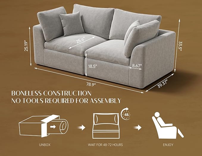 78.9" Loveseat Sofa, Cloud Boneless Couches for Living Room, Modern Modular Sectional Sofa, Oversized, Light Grey