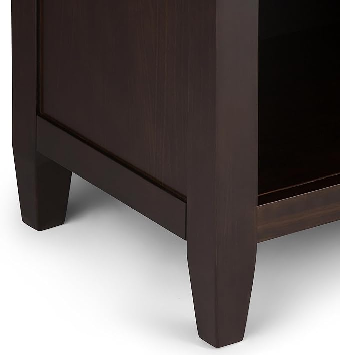 SIMPLIHOME Carlton Bedside Table - 24 inch Wide Solid Wood Nightstand Table in Dark Tobacco Brown, Transitional Bedroom Side or End Table with 2 Drawers, Open Storage Shelf and Bronze Hardware