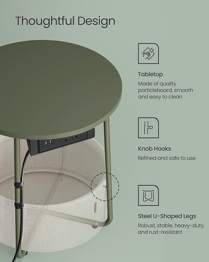 VASAGLE LILEA Collection - Side Table with Charging Station, Round End Table with Fabric Basket, Nightstand with USB Ports, for Living Room, Bedroom, Modern, Forest Green and Cream White ULET228C04