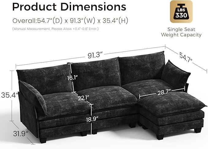 KKL Modular Sectional Sofa, L-Shaped 4 Seater Cloud Couch with Ottoman, Chenille Modern Sectional Couches for Living Room, Apartment, Black