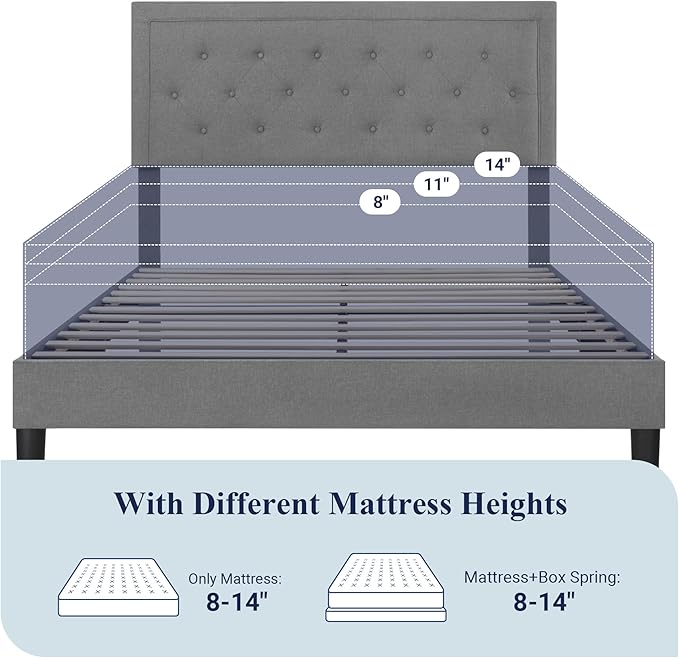 Allewie Full Size Upholstered Platform Bed Frame with Adjustable Headboard, Button Tufted, Wood Slat Support, Easy Assembly, Light Grey