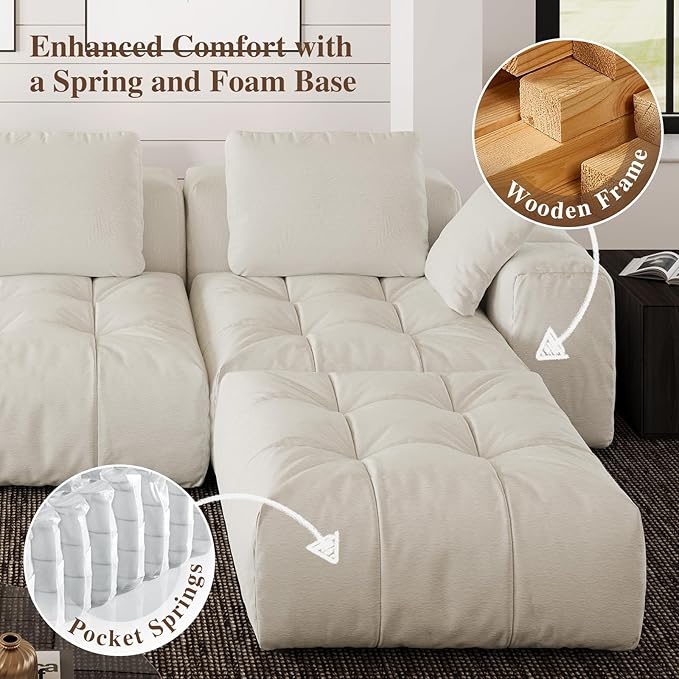 Cloud Sectional Couches, Comfort Linen U-Shape Modular Sofas with Wide Deep Seat, Down Filled Modern Upholstered Sofa Couch for Living Room, Apartment,Cream White