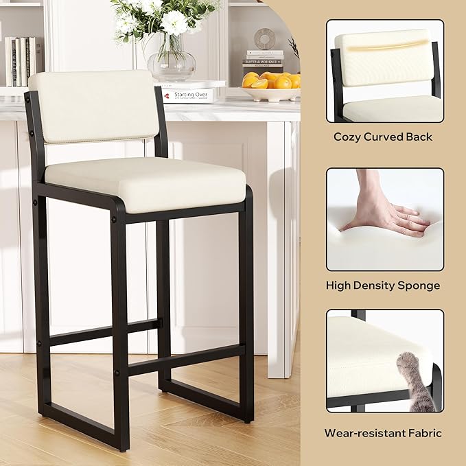 Bar Stools Set of 6, Fabric Counter Height Bar Stools with High Back and Metal Legs, Upholstered Bar Chairs, 26" Modern Barstools for Kitchen Island, Beige