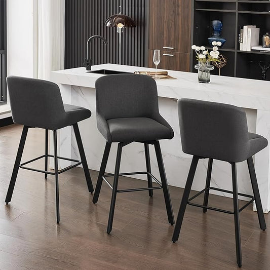 Swivel Counter Height Bar Stools Set of 3, 29''H Upholstered Barstools with Backs, Modern Bar Stool Chairs for Kitchen Island, Metal Legs, Fabric, Black Grey Stools Counter Chair