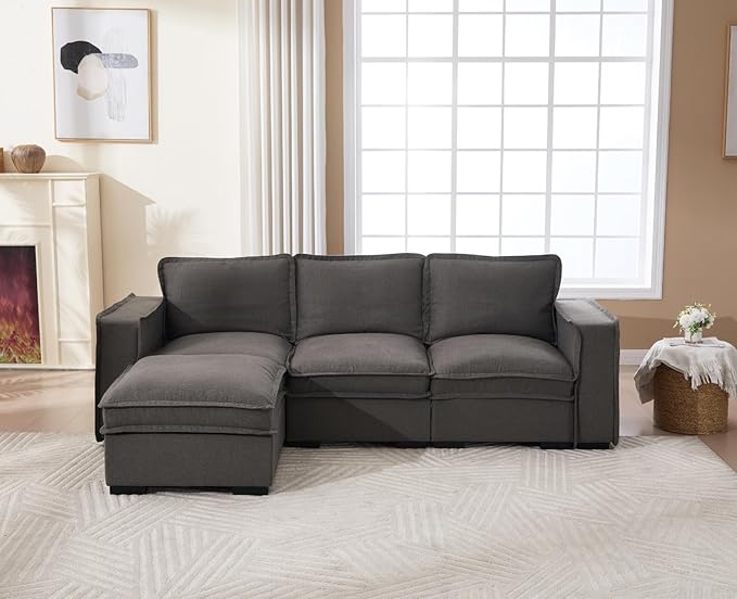 EALSON 93" Modular Sectional Sofa Comfy Cloud Couch with Ottoman Modern Convertible L Shape Couches with Wooden Legs Linen Deep Seat Couch 4-Seater Sofa for Living Room/Apartment, Grey