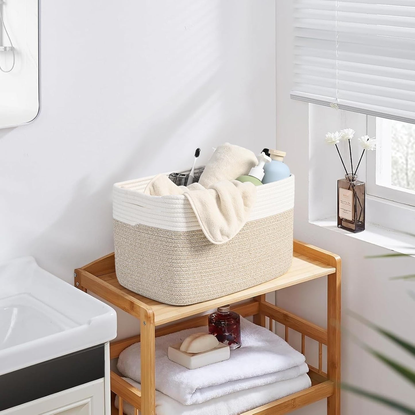 Shelf Baskets for Organizing, Woven Storage Basket for Shelves, Cotton Rope Storage Bins for Toys Books, Nursery Towel Baskets for Classroom, 14.96"X9.8"X8.85", 3-Pack White/Brown