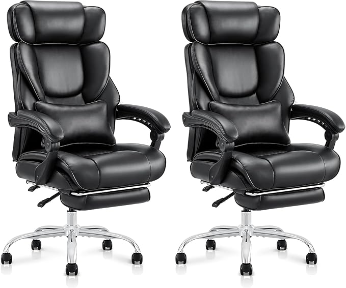 COLAMY Office Chair with Retractable Footrest, Ergonomic High Back Design Executive Computer Desk Chair with Removable Lumbar Pillow, 90-135°Reclining, Thick Bonded Leather, 2 PCs, Black