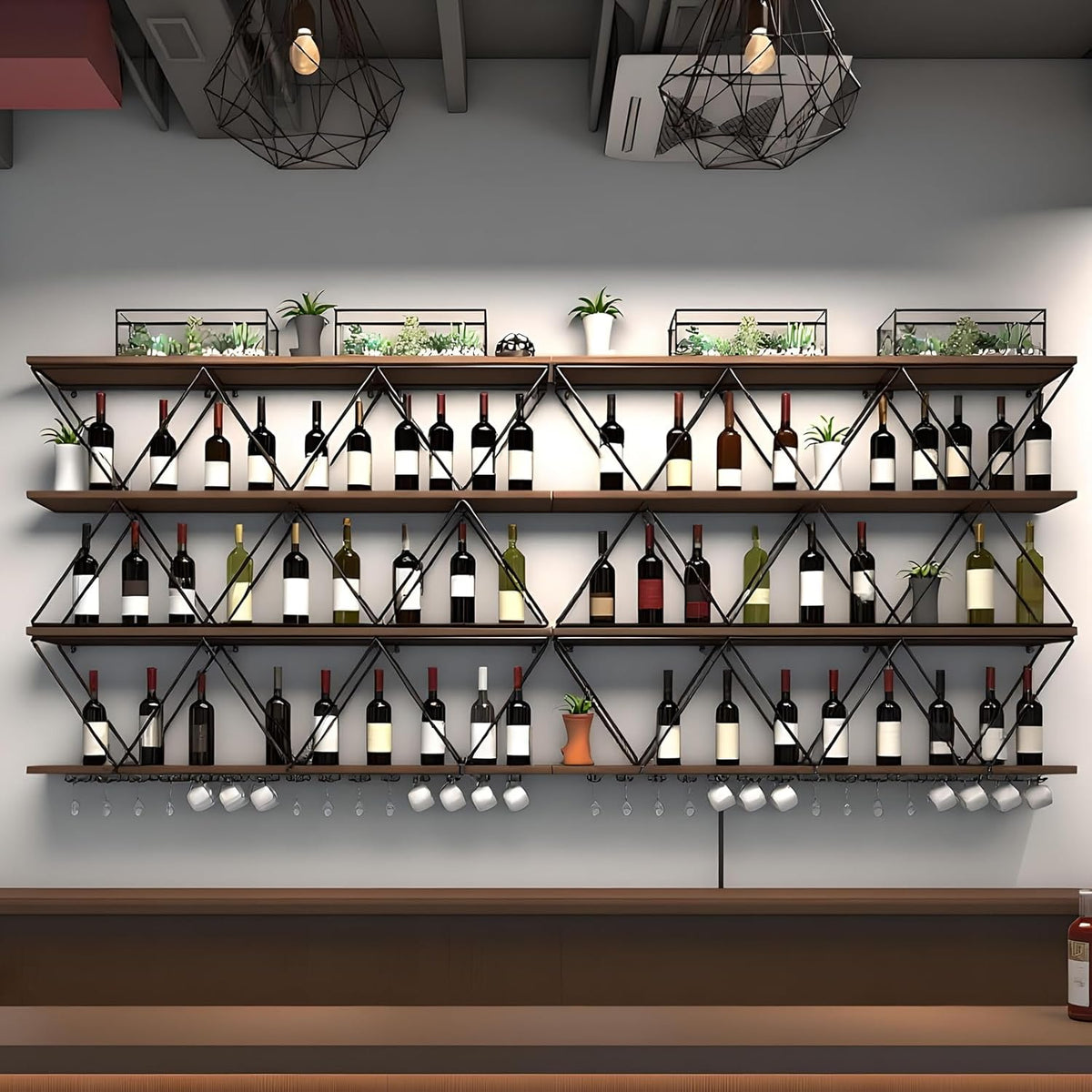 95in Wine Rack Wall Mount with Glass Holder, DIY Floating Wine Rack, Multi-Function Bar Wine Bottle Display Rack for Commercial Restaurants, Tea Rooms, Bars, Wine Cellars (black, 95in/240cm)
