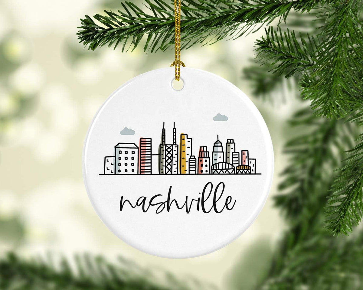 Andaz Press Round Ceramic Porcelain Christmas Tree Ornament Keepsake, Nashville Colorful City Skyline 1-Pack Birthday Ideas Family Coworker Includes Box Ornament