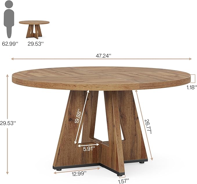 Tribesigns Round Dining Table for 4, 47 inch Farmhouse Circle Kitchen Table with Wooden Pedestal Base for Kitchen, Dining Room, Living Room (Wood)