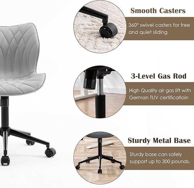 YOUNUOKE Armless Desk Chair Comfy Office Chair with Wheels Home Ergonomic Task Chair Adjustable Computer Chairs Modern Faux Leather Swivel Chair Upholstered Makeup Vanity Chair with Back(Gray)