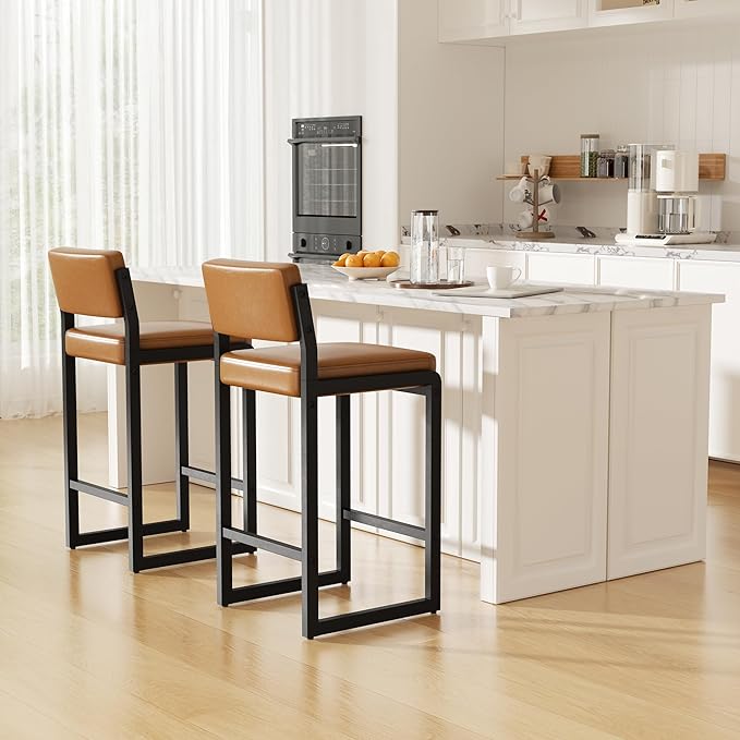Counter Stools Set of 2, Faux Leather Bar Height Stools with High Back and Metal Legs, Upholstered Bar Chairs, 26" Modern Barstools for Kitchen Island, Caramel