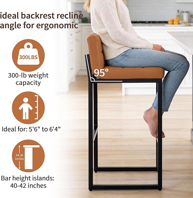 Set of 3 Bar Stools, PU Leather Barstools, 30" Modern High Counter Stools with Back and Thickened Metal Legs, Upholstered Island Chairs for Kitchen Island (Caramel Brown, 3Pcs 30" Bar Stools)