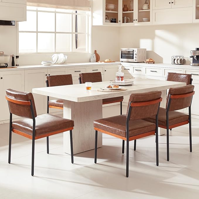Modern Dining Chairs Set of 4, Kitchen Chairs with Thick Cushions and Adjustable Foot Pads, Upholstered Faux Leather Dining Room Chairs with Sturdy Metal Legs,Coffee