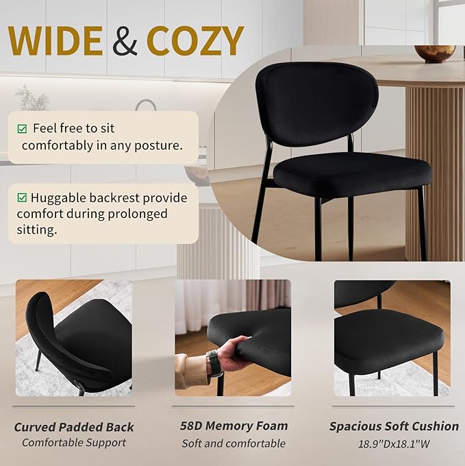 Black Dining Room Chairs Set of 6 Velvet 58D Memory Foam Upholstered Dining Chairs with Ergonomic Back & Swivel Leveling Feet Modern Armrest Kitchen Chairs for Restaurant/Dining Table/Vanity