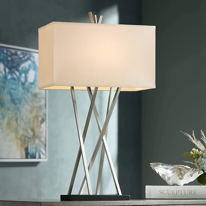 Possini Euro Design Asymmetry 30" Tall Large Modern End Table Lamps Set of 2 Silver Brushed Steel Finish Metal Linen White Shade Living Room Bedroom Bedside Nightstand House Office Home Reading
