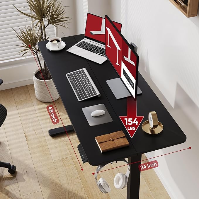 SANODESK Electric Standing Desk 48x24 Inch Height Adjustable Stand Up Desk Home Office Computer Workstation Sit Stand Home Office with Splice Board (Black Frame + Black Top)